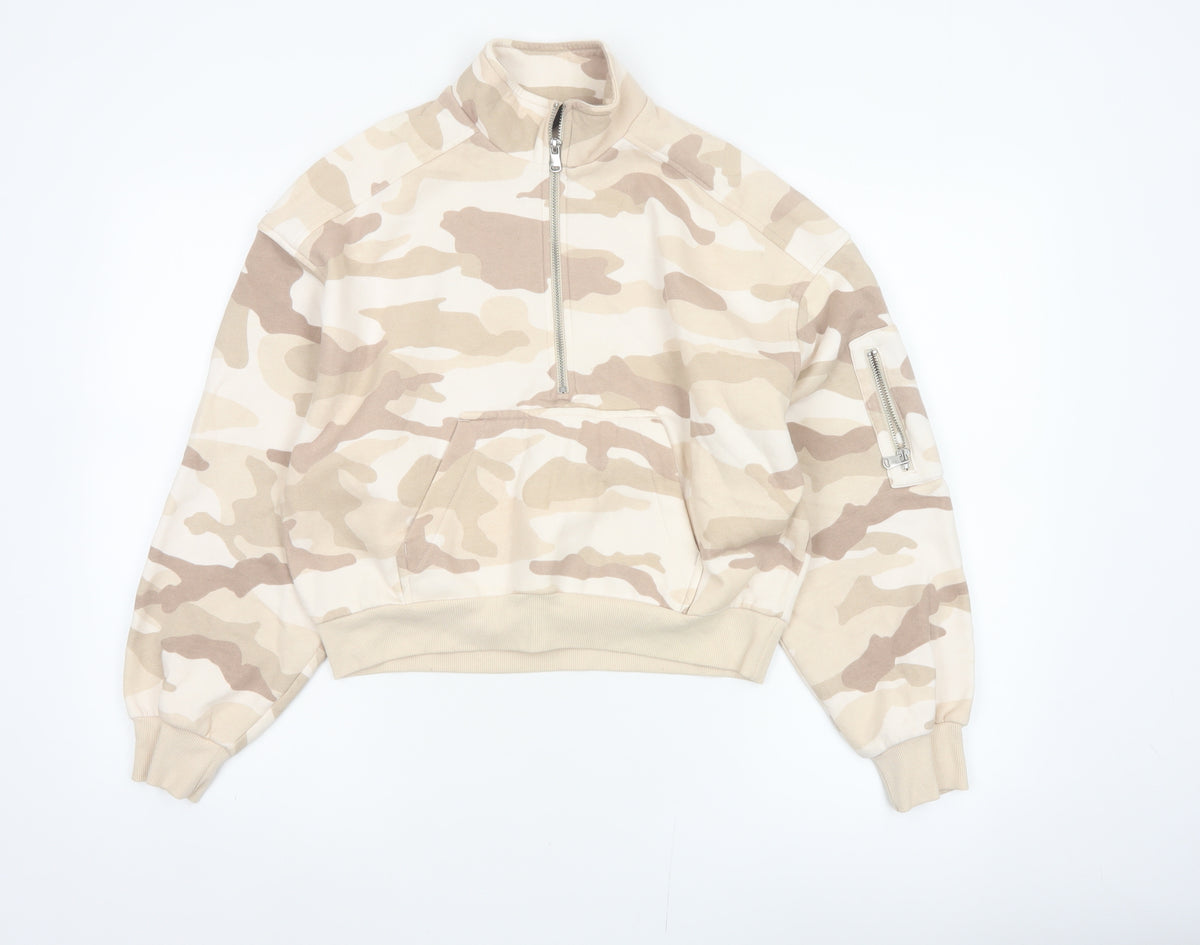 Back view of H&M Divided Women’s Beige Camo Quarter Zip Sweatshirt, size S