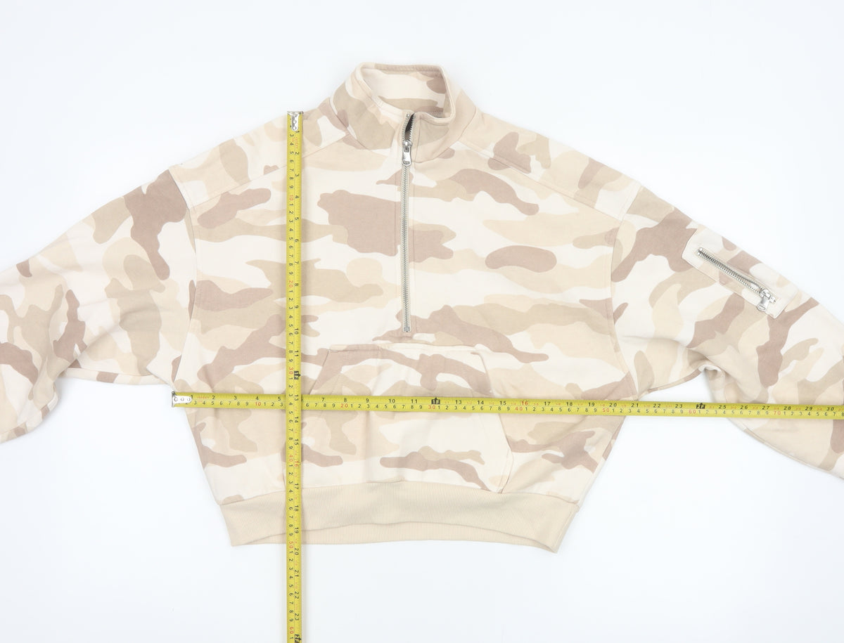 Close-up detail of H&M Divided Women’s Beige Camo Quarter Zip Sweatshirt, size S