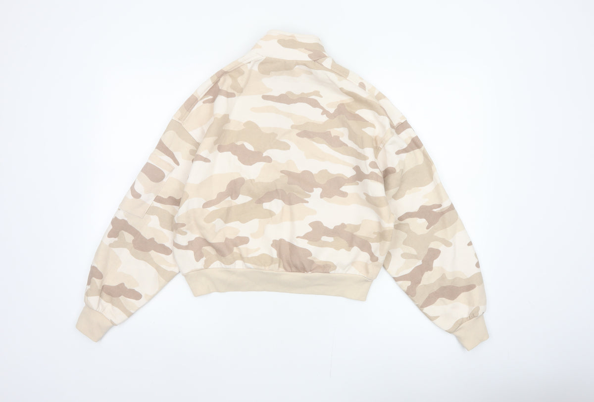 Brand and care label for H&M Divided Women’s Beige Camo Quarter Zip Sweatshirt, size S
