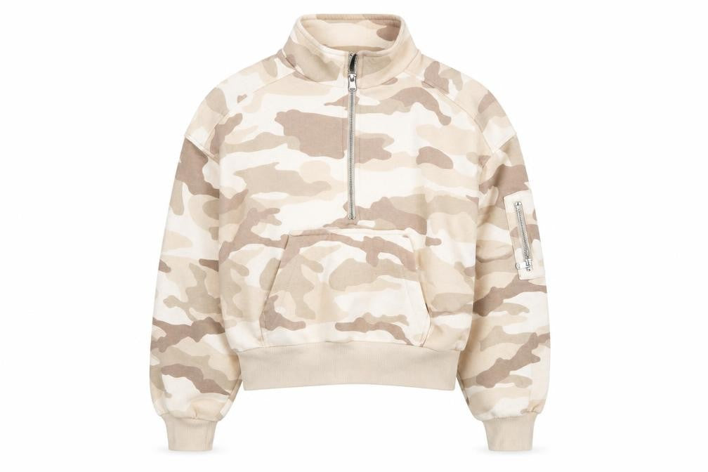 Front view of H&M Divided Women’s Beige Camo Quarter Zip Sweatshirt, size S