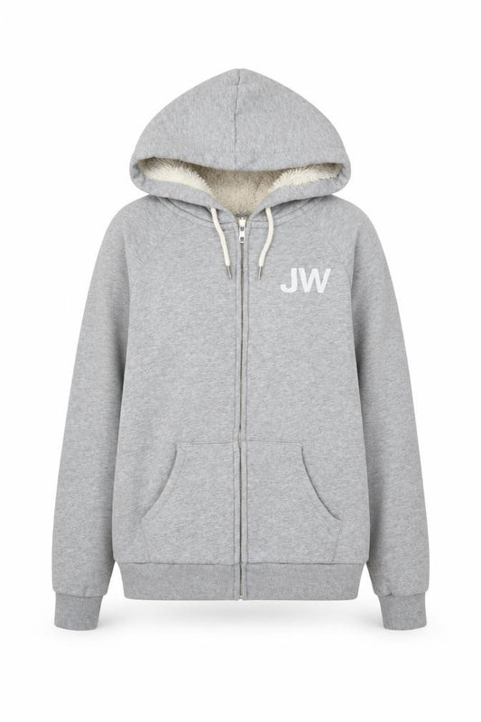 Front view of Jack Wills Women Grey UK 10 Full Zip Sherpa Lined Logo Hoodie