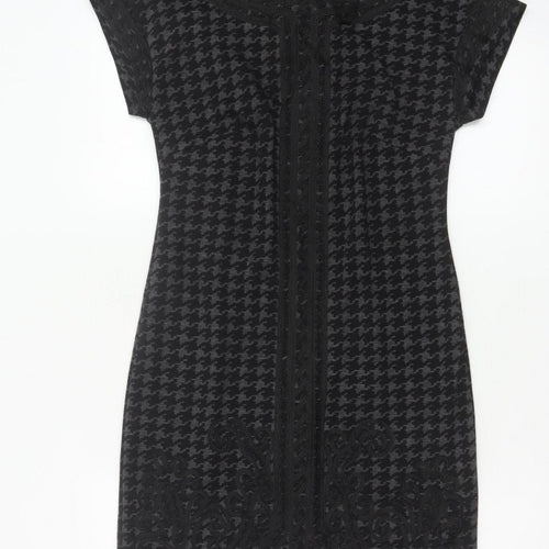 Linea Women Black Grey UK 8 Sheath Knee Dress Houndstooth
