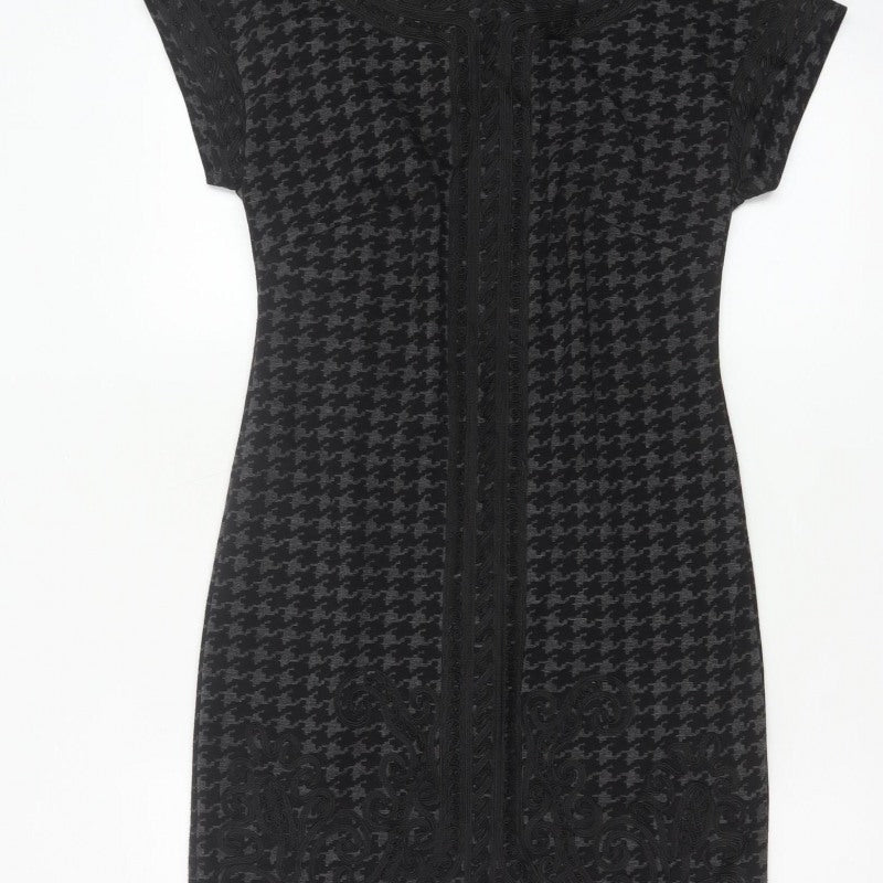 Linea Women Black Grey UK 8 Sheath Knee Dress Houndstooth