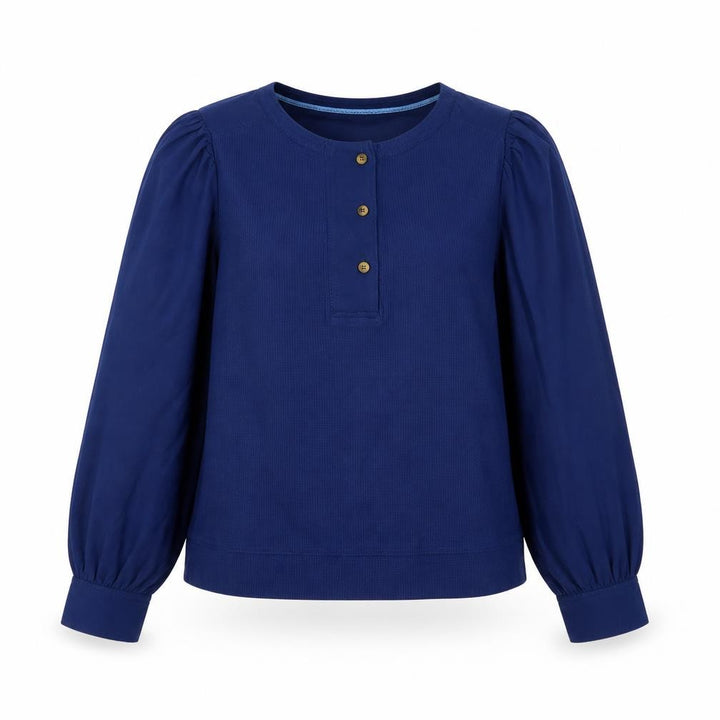 White Stuff Women Blue UK 10 Knit Cotton Puff Sleeve Button Blouse