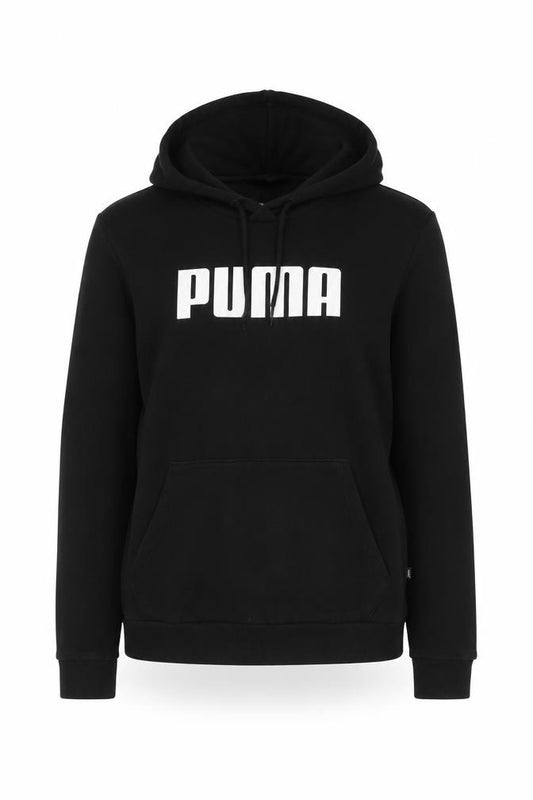 Front view of Puma Women Black L Pullover Hoodie Logo Graphic Kangaroo Pocket