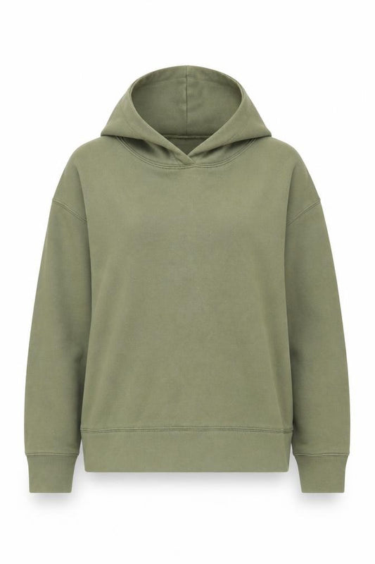 Front view of Zara Women Green L Pullover Hoodie Cotton Blend Fleece Hooded