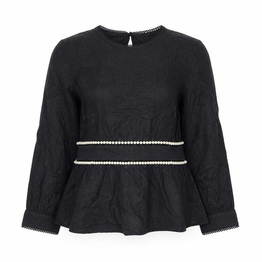 Zara TRF Women’s Black S Long Sleeve Pearl Trim Peplum Blouse