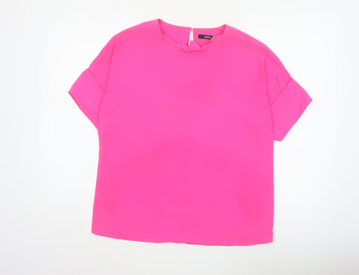 Oasis Women Pink UK 10 Ruffle Neck Dolman Sleeve Polyester Blouse