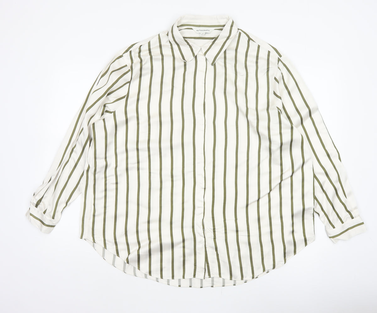Autograph Women White Green Stripe Basic Button-Up Shirt UK 16