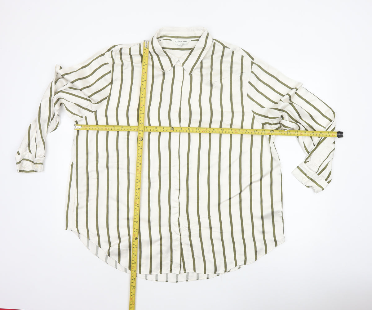 Autograph Women White Green Stripe Basic Button-Up Shirt UK 16
