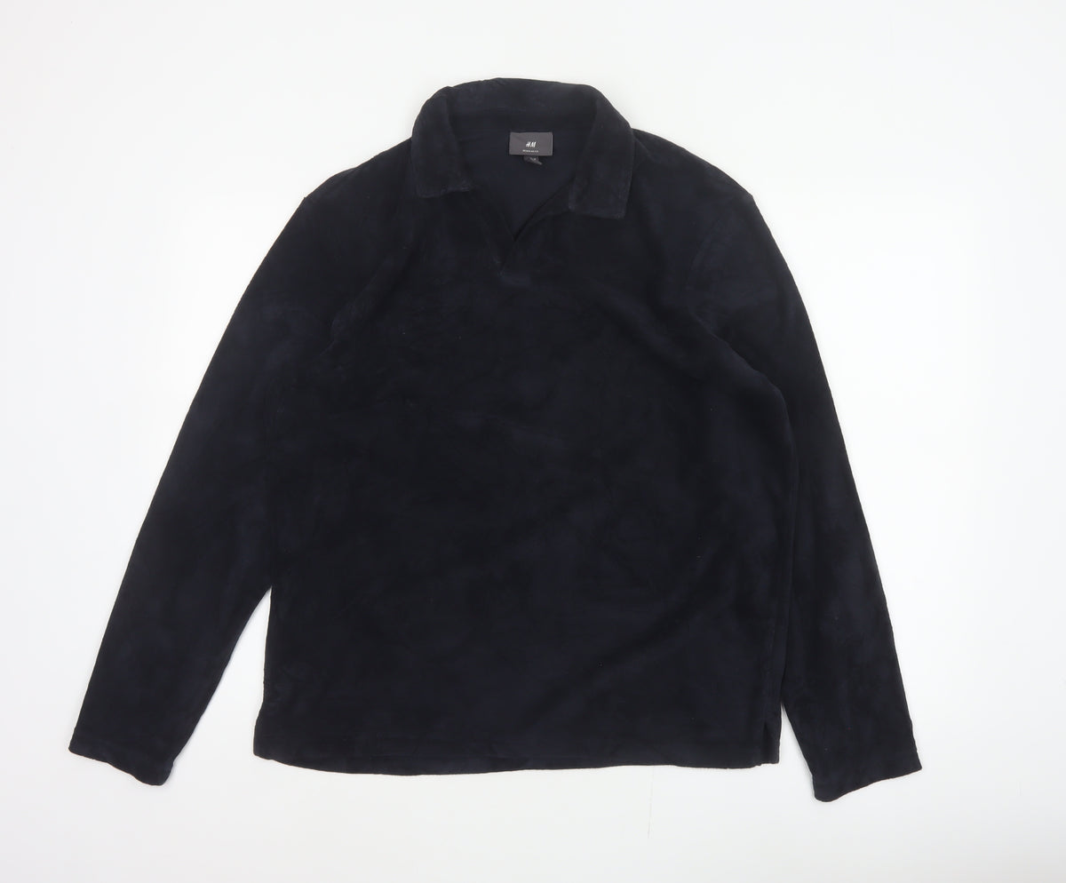 H&M Unisex Black M Regular Fit Collared Fleece Pullover Top