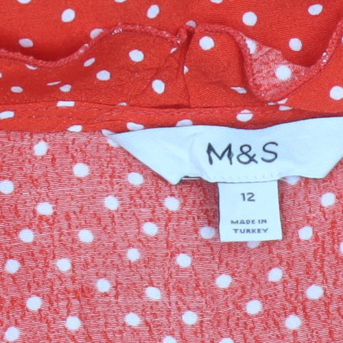 Marks and Spencer Women Red Polka Dot Ruffle V-Neck Blouse Size 12