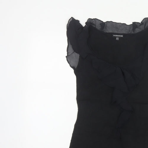 Warehouse Women Black UK 10 Ruffle Sheer Silk Trim Stretch Blouse