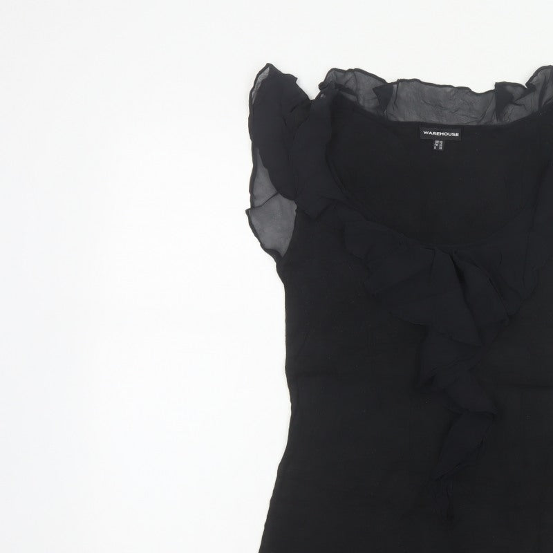 Warehouse Women Black UK 10 Ruffle Sheer Silk Trim Stretch Blouse