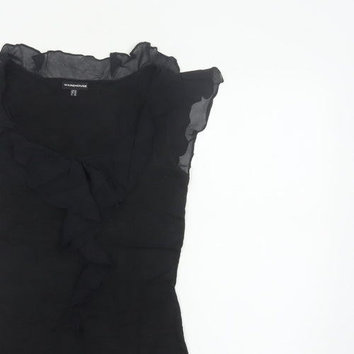 Warehouse Women Black UK 10 Ruffle Sheer Silk Trim Stretch Blouse