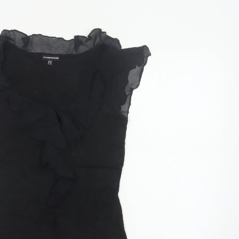 Warehouse Women Black UK 10 Ruffle Sheer Silk Trim Stretch Blouse