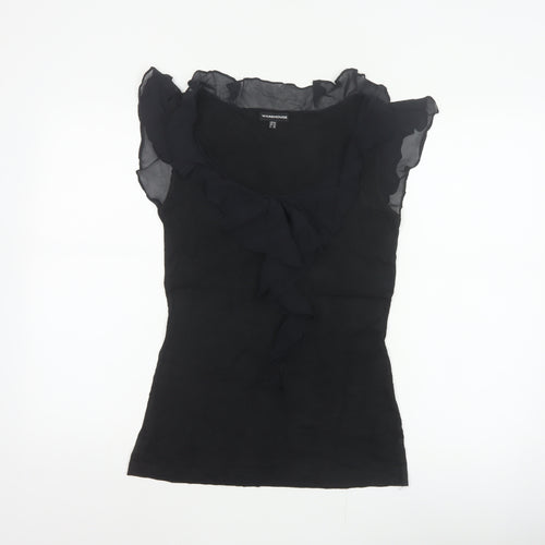 Warehouse Women Black UK 10 Ruffle Sheer Silk Trim Stretch Blouse