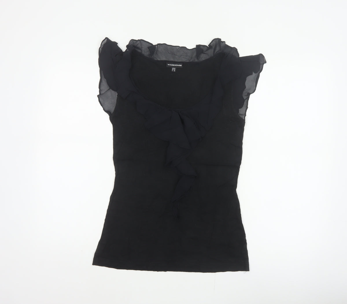 Warehouse Women Black UK 10 Ruffle Sheer Silk Trim Stretch Blouse