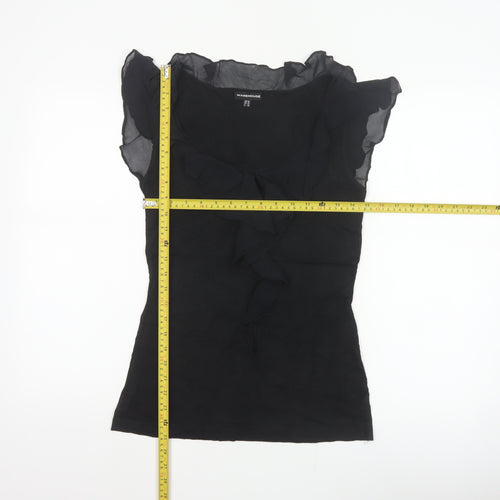 Warehouse Women Black UK 10 Ruffle Sheer Silk Trim Stretch Blouse