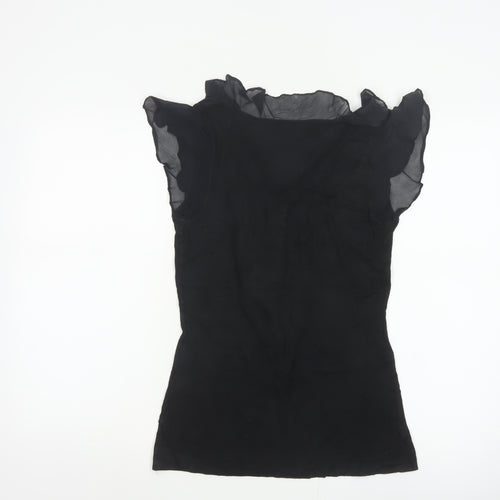 Warehouse Women Black UK 10 Ruffle Sheer Silk Trim Stretch Blouse