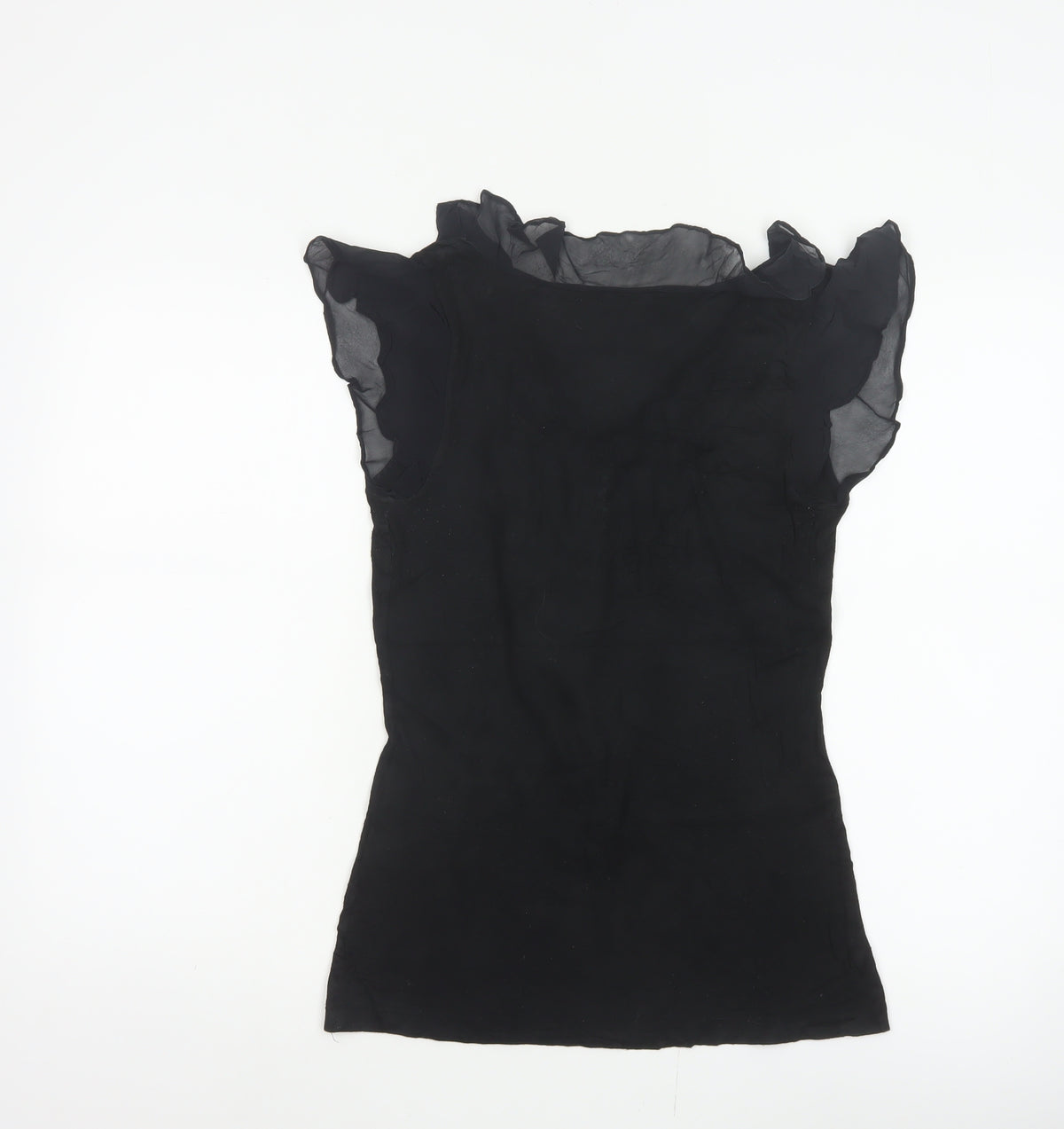Warehouse Women Black UK 10 Ruffle Sheer Silk Trim Stretch Blouse