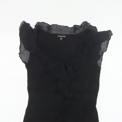 Warehouse Women Black UK 10 Ruffle Sheer Silk Trim Stretch Blouse