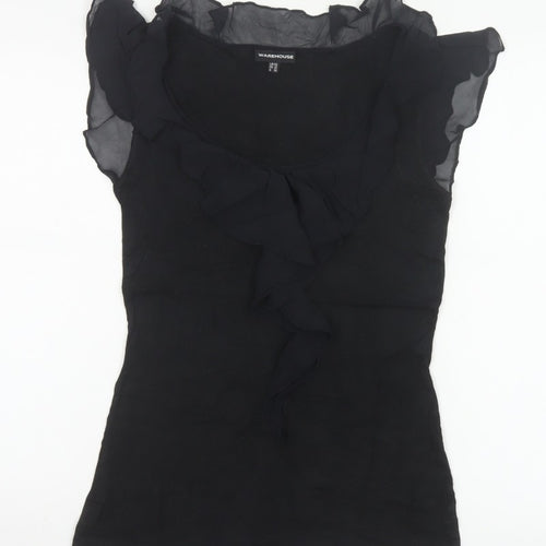 Warehouse Women Black UK 10 Ruffle Sheer Silk Trim Stretch Blouse