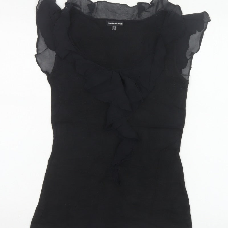Warehouse Women Black UK 10 Ruffle Sheer Silk Trim Stretch Blouse