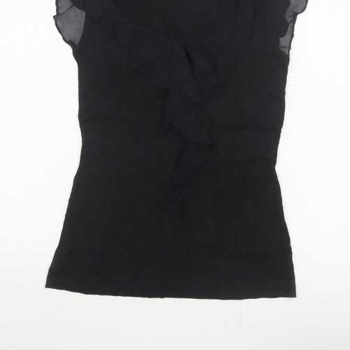 Warehouse Women Black UK 10 Ruffle Sheer Silk Trim Stretch Blouse