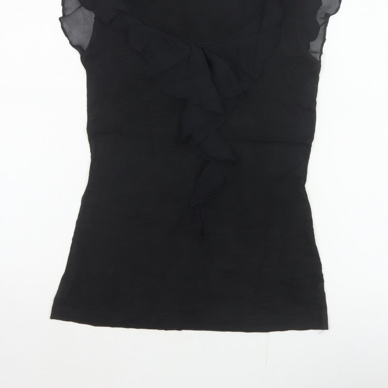 Warehouse Women Black UK 10 Ruffle Sheer Silk Trim Stretch Blouse