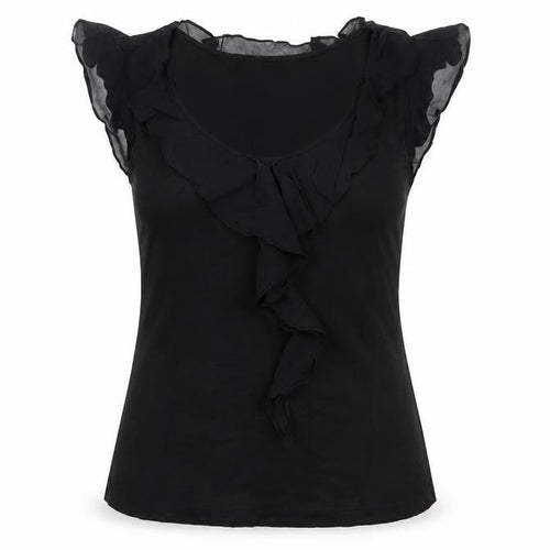Warehouse Women Black UK 10 Ruffle Sheer Silk Trim Stretch Blouse