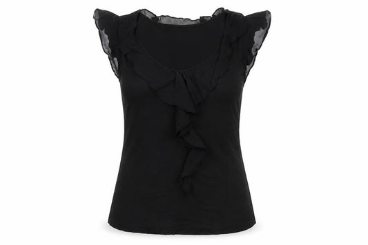 Warehouse Women Black UK 10 Ruffle Sheer Silk Trim Stretch Blouse