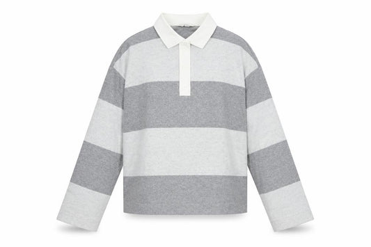 Marks and Spencer Women's Grey UK 8 Striped Jersey Long Sleeve Polo Top