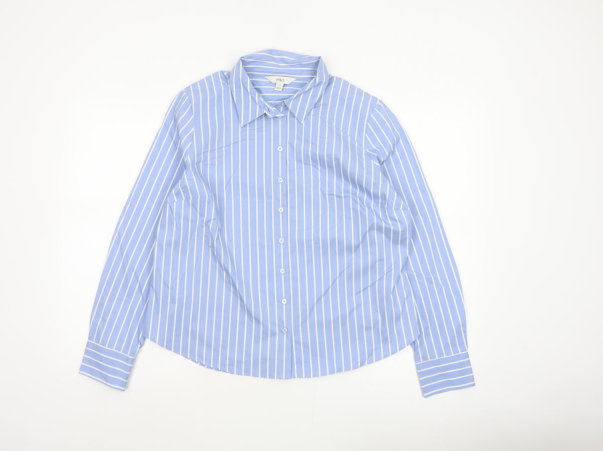 Marks and Spencer Women Blue Stripe Button-Up Shirt UK 16 Long Sleeve
