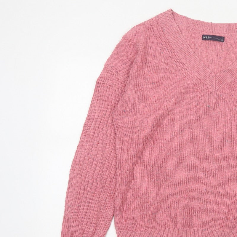 Marks & Spencer Women Pink M V-Neck Cotton Wool Knit Pullover Jumper