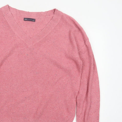 Marks & Spencer Women Pink M V-Neck Cotton Wool Knit Pullover Jumper