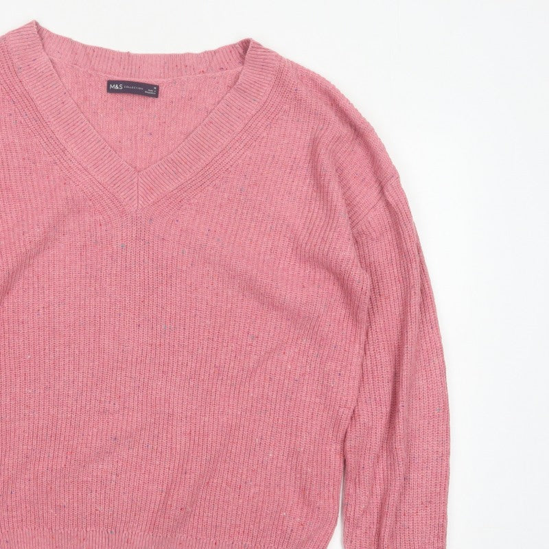 Marks & Spencer Women Pink M V-Neck Cotton Wool Knit Pullover Jumper