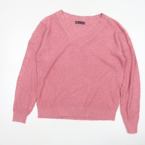 Marks & Spencer Women Pink M V-Neck Cotton Wool Knit Pullover Jumper