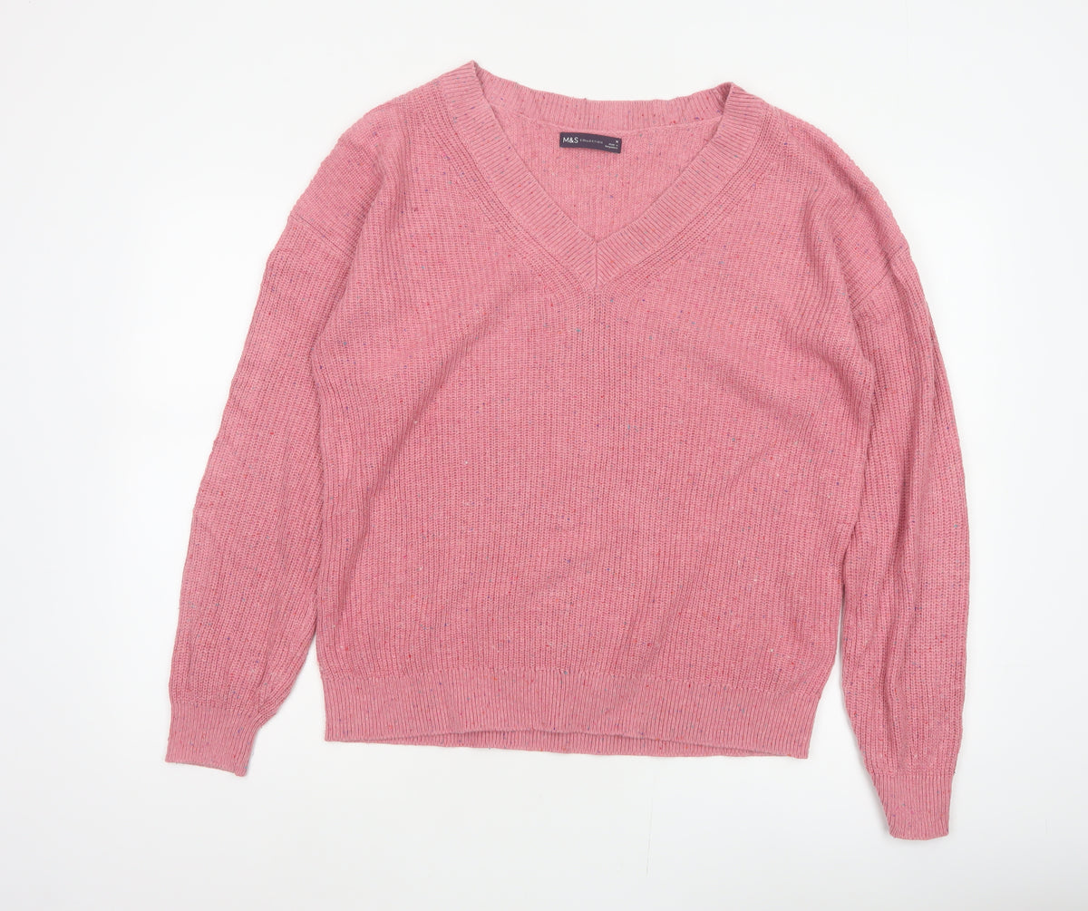Marks & Spencer Women Pink M V-Neck Cotton Wool Knit Pullover Jumper