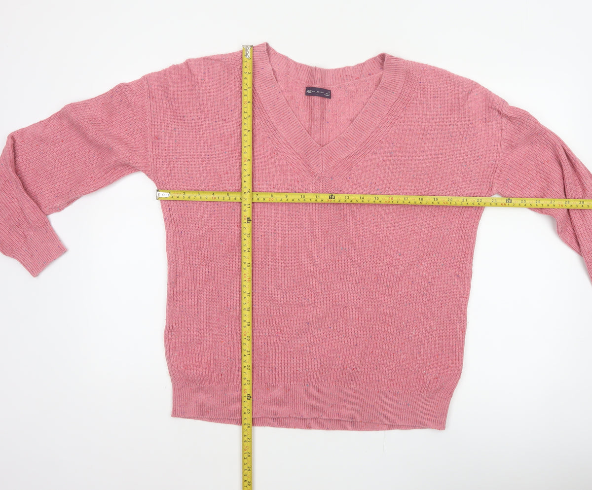 Marks & Spencer Women Pink M V-Neck Cotton Wool Knit Pullover Jumper