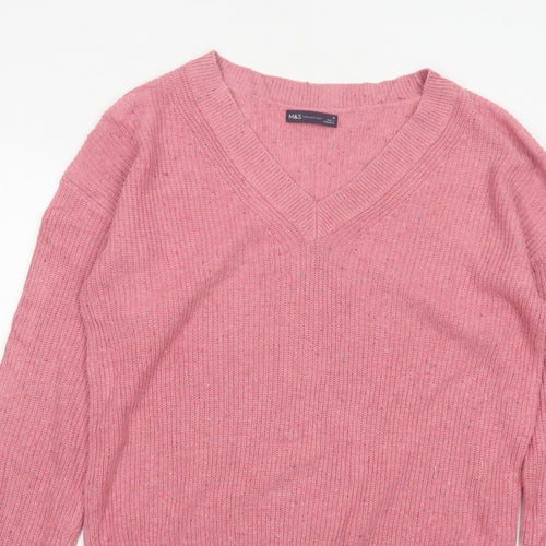 Marks & Spencer Women Pink M V-Neck Cotton Wool Knit Pullover Jumper