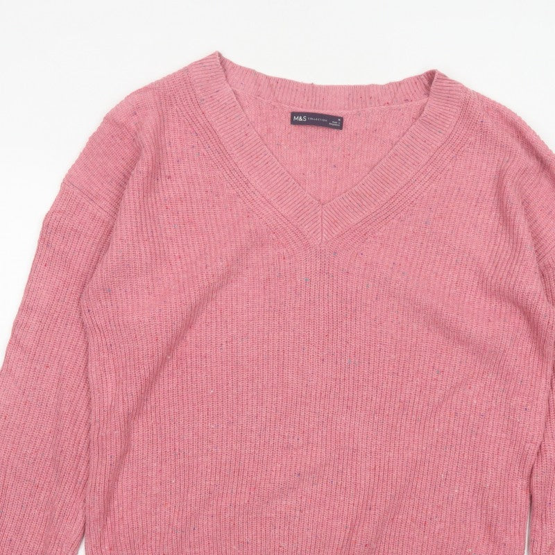 Marks & Spencer Women Pink M V-Neck Cotton Wool Knit Pullover Jumper