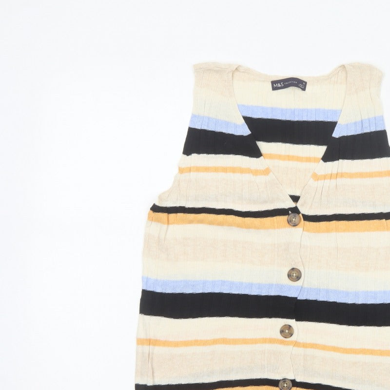 M&S Women Multicoloured UK 12 Striped V-Neck Linen Blend Tank Top