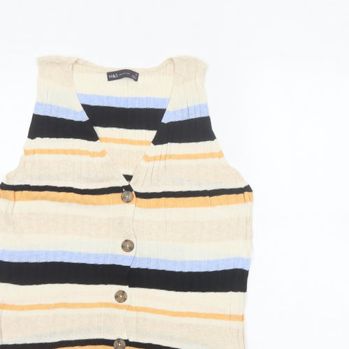 M&S Women Multicoloured UK 12 Striped V-Neck Linen Blend Tank Top