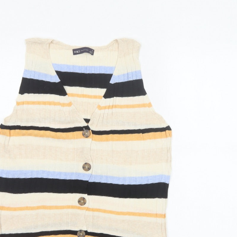 M&S Women Multicoloured UK 12 Striped V-Neck Linen Blend Tank Top