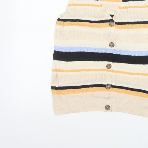 M&S Women Multicoloured UK 12 Striped V-Neck Linen Blend Tank Top