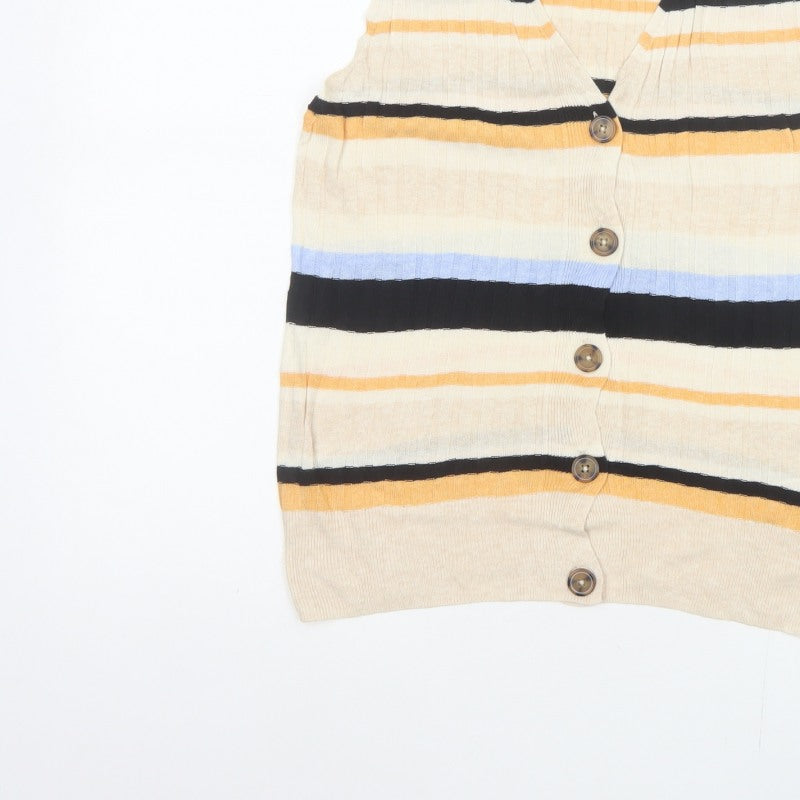 M&S Women Multicoloured UK 12 Striped V-Neck Linen Blend Tank Top