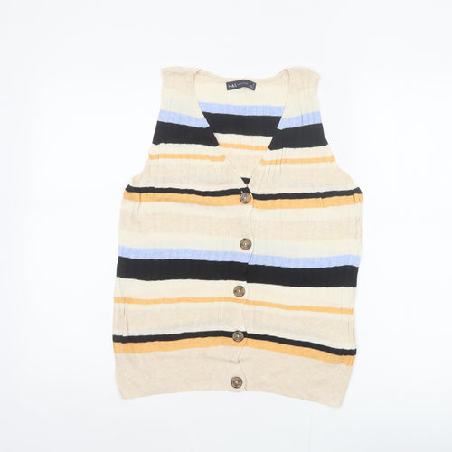 M&S Women Multicoloured UK 12 Striped V-Neck Linen Blend Tank Top