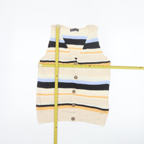 M&S Women Multicoloured UK 12 Striped V-Neck Linen Blend Tank Top