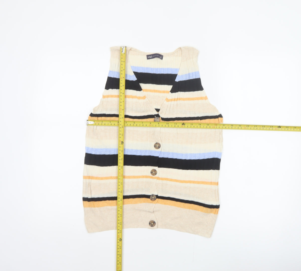 M&S Women Multicoloured UK 12 Striped V-Neck Linen Blend Tank Top
